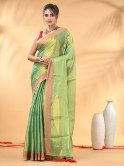 CHARUKRITI - Sea Green Golden Glow Tissue Saree with Unstitched Blouse