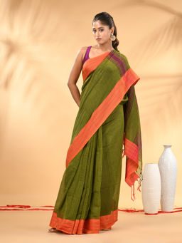 CHARUKRITI - Olive Green Soft Mulmul Cotton Saree with Unstitched Blouse