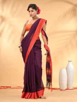 CHARUKRITI - Purple Soft Mulmul Cotton Saree with Unstitched Blouse