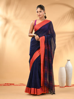 CHARUKRITI - Blue Soft Mulmul Cotton Saree with Unstitched Blouse