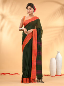 CHARUKRITI - Forest Green Soft Mulmul Cotton Saree with Unstitched Blouse