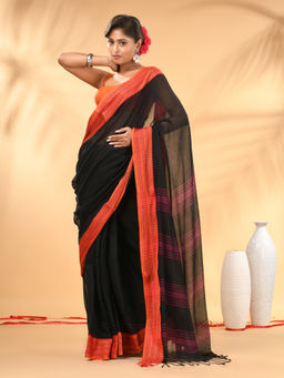 CHARUKRITI - Black Soft Mulmul Cotton Saree with Unstitched Blouse