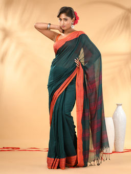 CHARUKRITI - Teal Soft Mulmul Cotton Saree with Unstitched Blouse