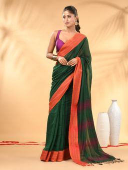 CHARUKRITI - Green Soft Mulmul Cotton Saree with Unstitched Blouse