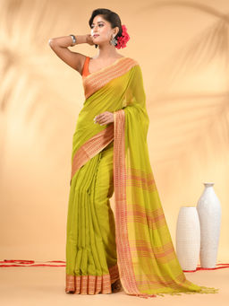 CHARUKRITI - Lime Green Soft Mulmul Cotton Saree with Unstitched Blouse