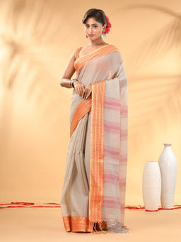 CHARUKRITI - Beige Soft Mulmul Cotton Saree with Unstitched Blouse