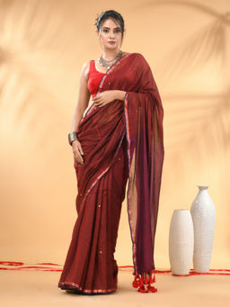 CHARUKRITI - Red And Magenta Sequin Mulmul Cotton Saree with Unstitched Blouse