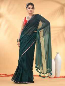 CHARUKRITI - Dark And Light Teal Sequin Mulmul Cotton Saree with Unstitched Blouse