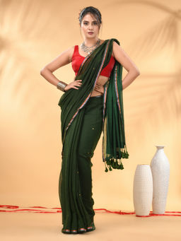 CHARUKRITI - Dark And Light Green Sequin Mulmul Cotton Saree with Unstitched Blouse