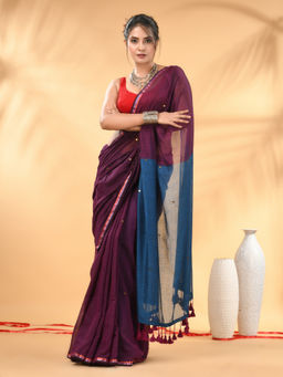 CHARUKRITI - Purple And Sapphire Blue Sequin Mulmul Cotton Saree with Unstitched Blouse