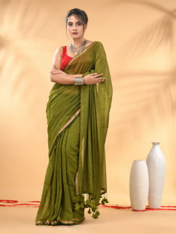 CHARUKRITI - Olive Green Sequin Mulmul Cotton Saree with Unstitched Blouse