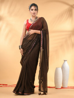 CHARUKRITI - Brown Sequin Mulmul Cotton Saree with Unstitched Blouse