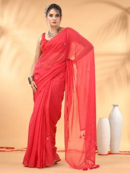 CHARUKRITI - Rose Red Sequin Mulmul Cotton Saree with Unstitched Blouse