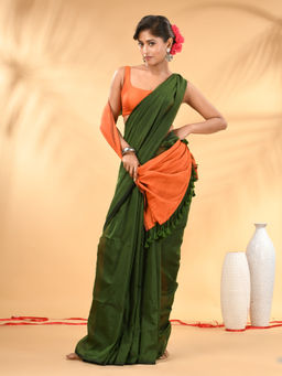 CHARUKRITI - Green And Orange Cotton Hand spun Tassel Detailing Saree with Unstitched Blouse