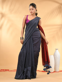 CHARUKRITI - Grey And Red Cotton Hand spun Tassel Detailing Saree with Unstitched Blouse