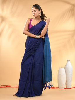 CHARUKRITI - Blue And Sapphire Blue Cotton Hand spun Tassel Detailing Saree with Unstitched Blouse