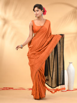 CHARUKRITI - Orange And Black Cotton Hand spun Tassel Detailing Saree with Unstitched Blouse