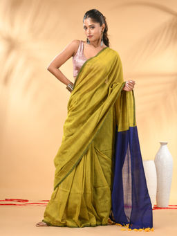 CHARUKRITI - Lime Green And Blue Cotton Hand spun Tassel Detailing Saree with Unstitched Blouse