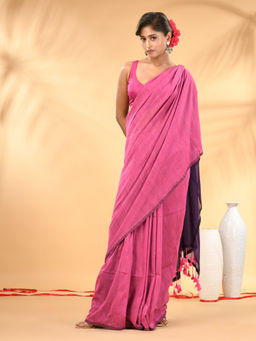 CHARUKRITI - Pink and Purple Cotton Hand spun Tassel Detailing Saree with Unstitched Blouse