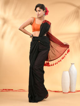 CHARUKRITI - Black And Red Cotton Hand spun Tassel Detailing Saree with Unstitched Blouse