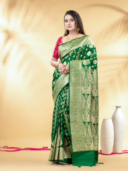 CHARUKRITI - Traditional Silk Banarasi Saree Green with Golden Zari Saree with Unstitched Blouse