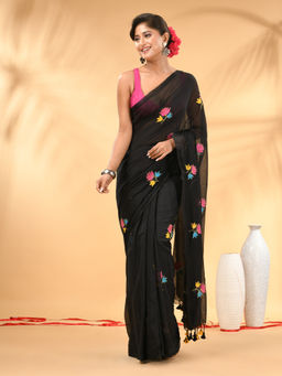 CHARUKRITI - Black Mulmul Cotton Floral Embroidery and Tassel Saree with Unstitched Blouse