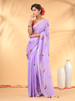CHARUKRITI - Lavender Mulmul Cotton Floral Embroidery and Tassel Saree with Unstitched Blouse