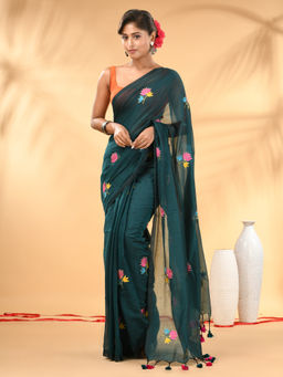 CHARUKRITI - Teal Mulmul Cotton Floral Embroidery and Tassel Saree with Unstitched Blouse