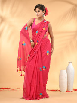 CHARUKRITI - Rani Pink Mulmul Cotton Floral Embroidery and Tassel Saree with Unstitched Blouse