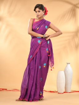 CHARUKRITI - Purple Mulmul Cotton Floral Embroidery and Tassel Saree with Unstitched Blouse