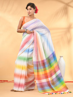 CHARUKRITI - Rainbow Stripes White Mulmul Cotton Tassel Border Saree with Unstitched Blouse
