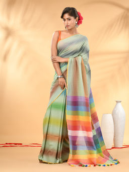 CHARUKRITI - Rainbow Stripes Pistachio Green Mulmul Cotton Tassel Saree with Unstitched Blouse