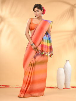 CHARUKRITI - Rainbow Stripes Peach Mulmul Cotton Tassel Border Saree with Unstitched Blouse