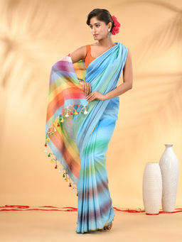 CHARUKRITI - Rainbow Stripes Sky Blue Mulmul Cotton Tassel Border Saree with Unstitched Blouse