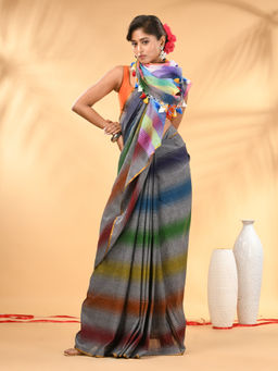 CHARUKRITI - Rainbow Stripes Grey Mulmul Cotton Tassel Border Saree with Unstitched Blouse