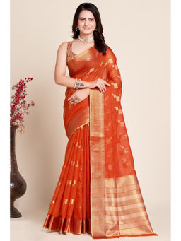 Mysilklove - Spanish Orange Woven Manipuri Silk Saree with Unstitched Blouse