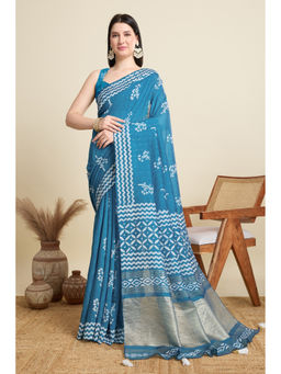 Mysilklove - Twin Blue Woven Cotton Silk Saree with Unstitched Blouse