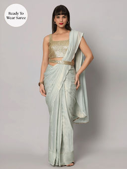ONE MINUTE SAREE - Meera Blue & Gold Shimmer Pre-Draped Saree with Unstitched Blouse and Belt