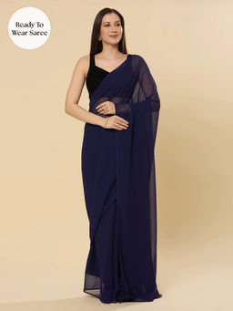 ONE MINUTE SAREE - Ayla Dark Navy Blue Pre-Draped Saree with Unstitched Blouse