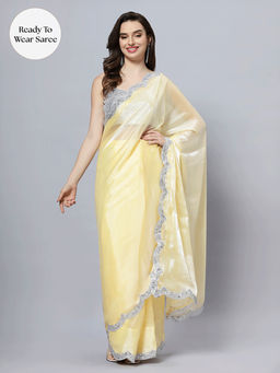 ONE MINUTE SAREE - Candie Yellow Scallop Border Ready To Wear Saree with Unstitched Blouse