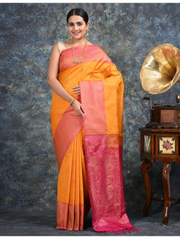 Ushvii - Anandya Yellow Soft Semi Silk Saree with Unstitched Blouse