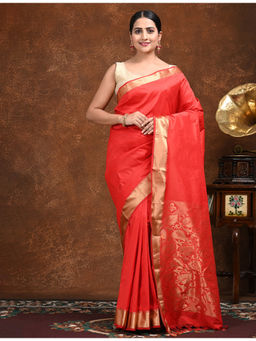 Ushvii - Tanmaya Red Soft Semi Silk Saree with Unstitched Blouse