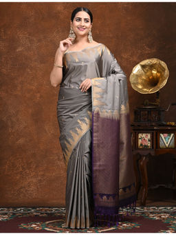 Ushvii - Dravya Grey Soft Semi Silk Saree with Unstitched Blouse