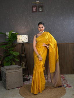 Ushvii - Dravya Yellow Soft Semi Silk Saree with Unstitched Blouse