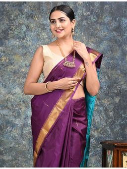 Ushvii - Rajani Purple Mulberry Silk Saree with Unstitched Blouse