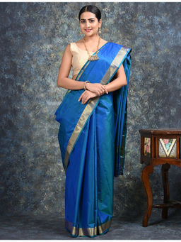 Ushvii - Lalita Blue Mulberry Silk Saree with Unstitched Blouse