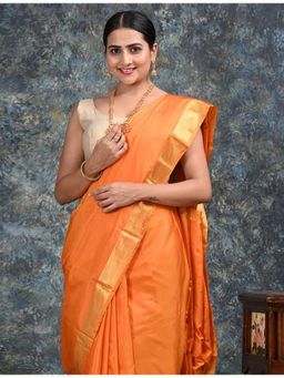 Ushvii - Lalita Orange Mulberry Silk Saree with Unstitched Blouse