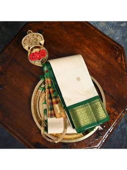Ushvii - Pratha Cream Green Kanjeevaram Saree with Unstitched Blouse