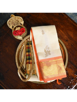 Ushvii - Pratha Cream Orange Kanjeevaram Saree with Unstitched Blouse
