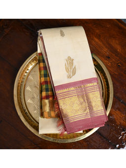 Ushvii - Pratha Cream Pink Kanjeevaram Saree With Unstitched Blouse